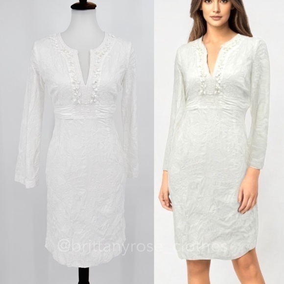 VINTAGE LILLY PULITZER Long Sleeve White Embroidered Shell Beaded Mini Dress XS - Picture 2 of 10